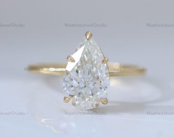 Anello Pear con diamante creato in laboratorio e alone nascosto, 3 carati, oro giallo 14 carati, certificato IGI, per matrimonio.