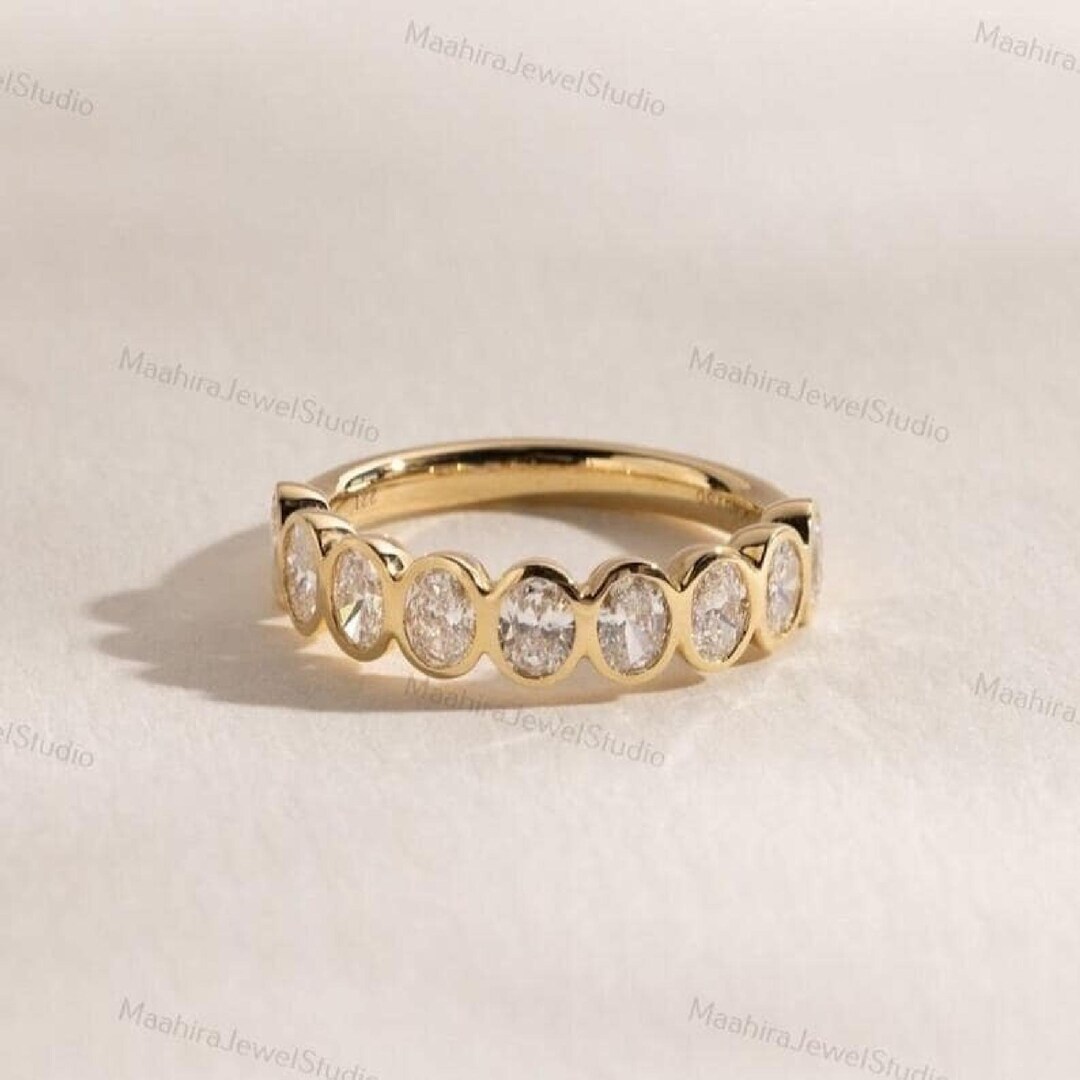Oval Lab Grown Diamond Half Eternity Band: 14K Yellow Gold Bezel Set ...