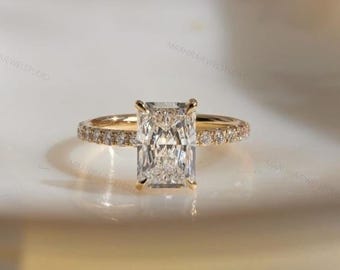 Radiant Cut Lab-Grown Diamond Engagement Ring: 14K Yellow Gold Art Deco Pave Wedding Ring