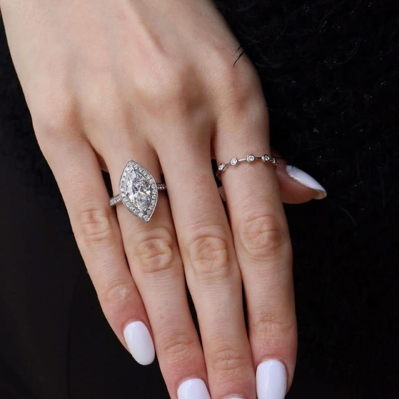 Art Deco Marquise Lab Grown Diamond 14K Gold Halo Engagement Ring