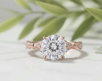 Solitaire Ring, Round Lab Grown Diamond 14K Rose God Vintage Band Milgrain Accents