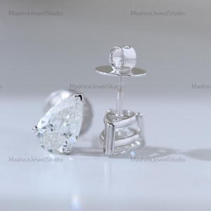 4.00 CT Pear Cut Lab Grown Diamond Stud Earrings, 14K Solid White Gold Screw Back Earrings, CVD Diamond Solitaire Earrings, Engagement Gift