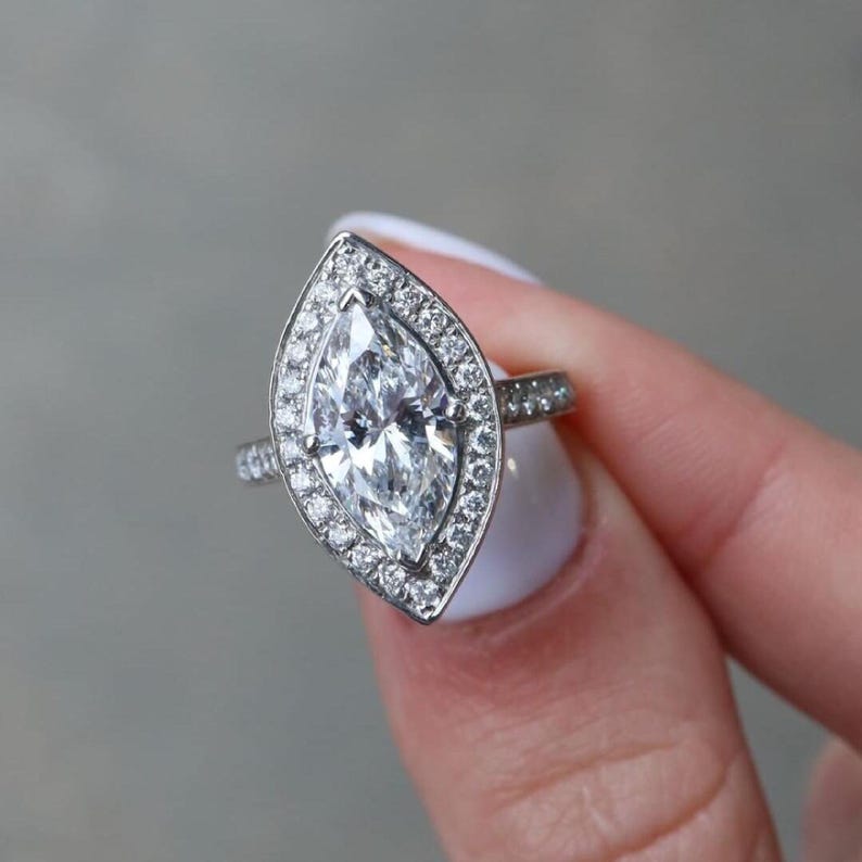 Art Deco Marquise Lab Grown Diamond 14K Gold Halo Engagement Ring