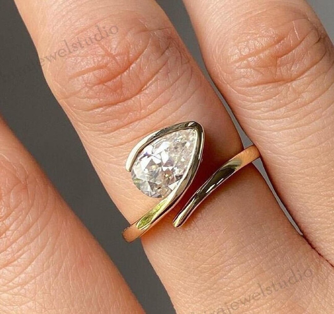 2CT Pear Lab Grown Diamond Ring: 18K Yellow Gold Bezel Solitaire - Etsy