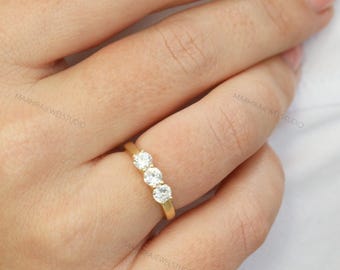 Three Stone Lab Grown Diamond Engagement Ring, 18K Rose Gold Dainty Anniversary Ring