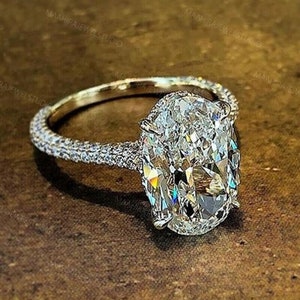 Oval Cut Lab Grown Diamond Hidden Halo Solitaire Engagement Ring, Unique Wedding Ring, 14k yellow Gold Ring, Anniversary Gift For Her