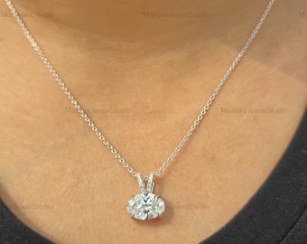 East West Oval Lab Grown Diamond Pendant: 14K White Gold Necklace