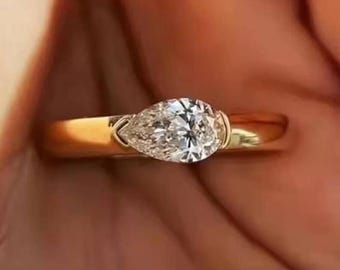 Diamant Ring im Labor gewachsen, Pear Cut Ost West 14K Gold Solitär für Verlobung und Jahrestag