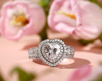 Heart Cut Lab Grown Diamond Double Halo Engagement Ring, 14K White Gold Pave Band