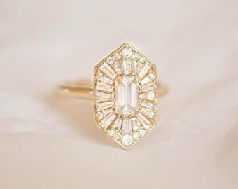 Emerald Cut Lab Grown Diamond Ballerina Engagement Ring, Gold, IGI Certified