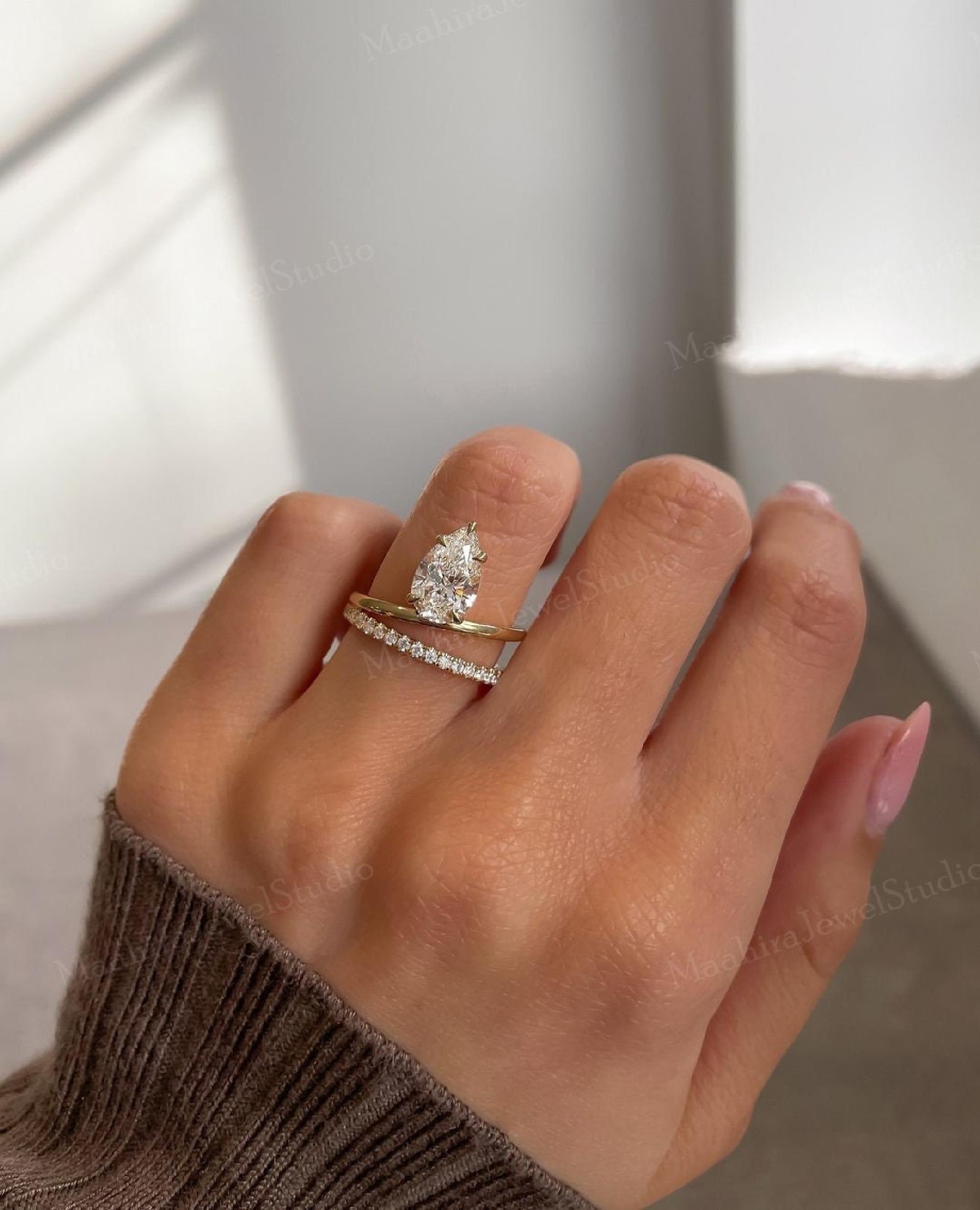 Pear Lab Grown Diamond Engagement Ring Set: 14K Gold Double Band ...