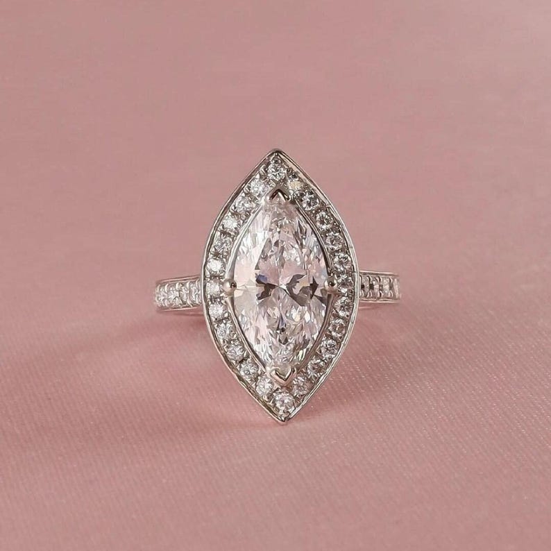 Art Deco Marquise Lab Grown Diamond 14K Gold Halo Engagement Ring