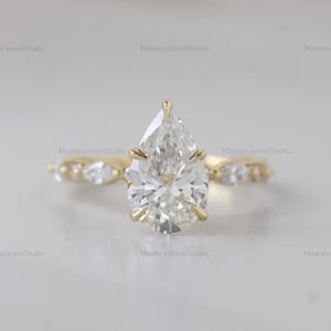 2.00 CT Pear Cut Lab Grown Diamond Solitaire With Accent Ring, 10K Solid Yellow Gold Wedding Ring, CVD Diamond Ring Women Ring, Jewelry Ring