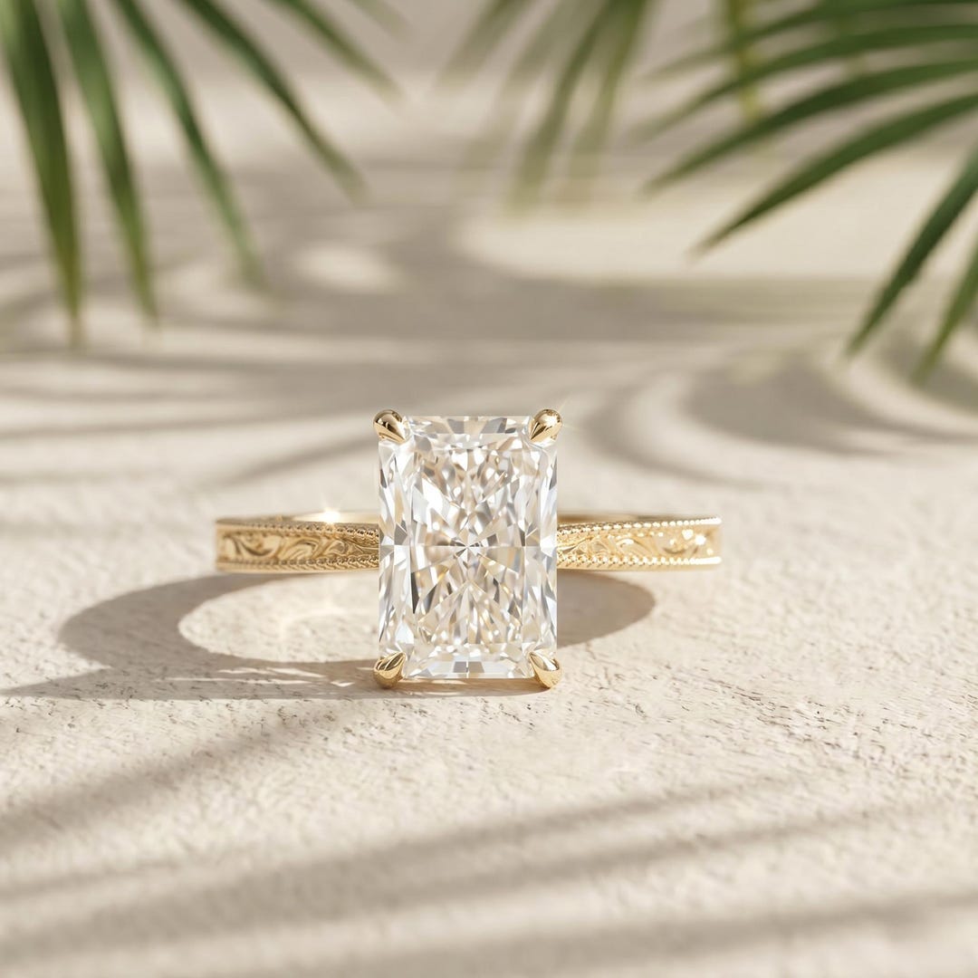 Radiant Cut Lab Diamond Engagement Ring, Yellow Gold Vintage Hand ...