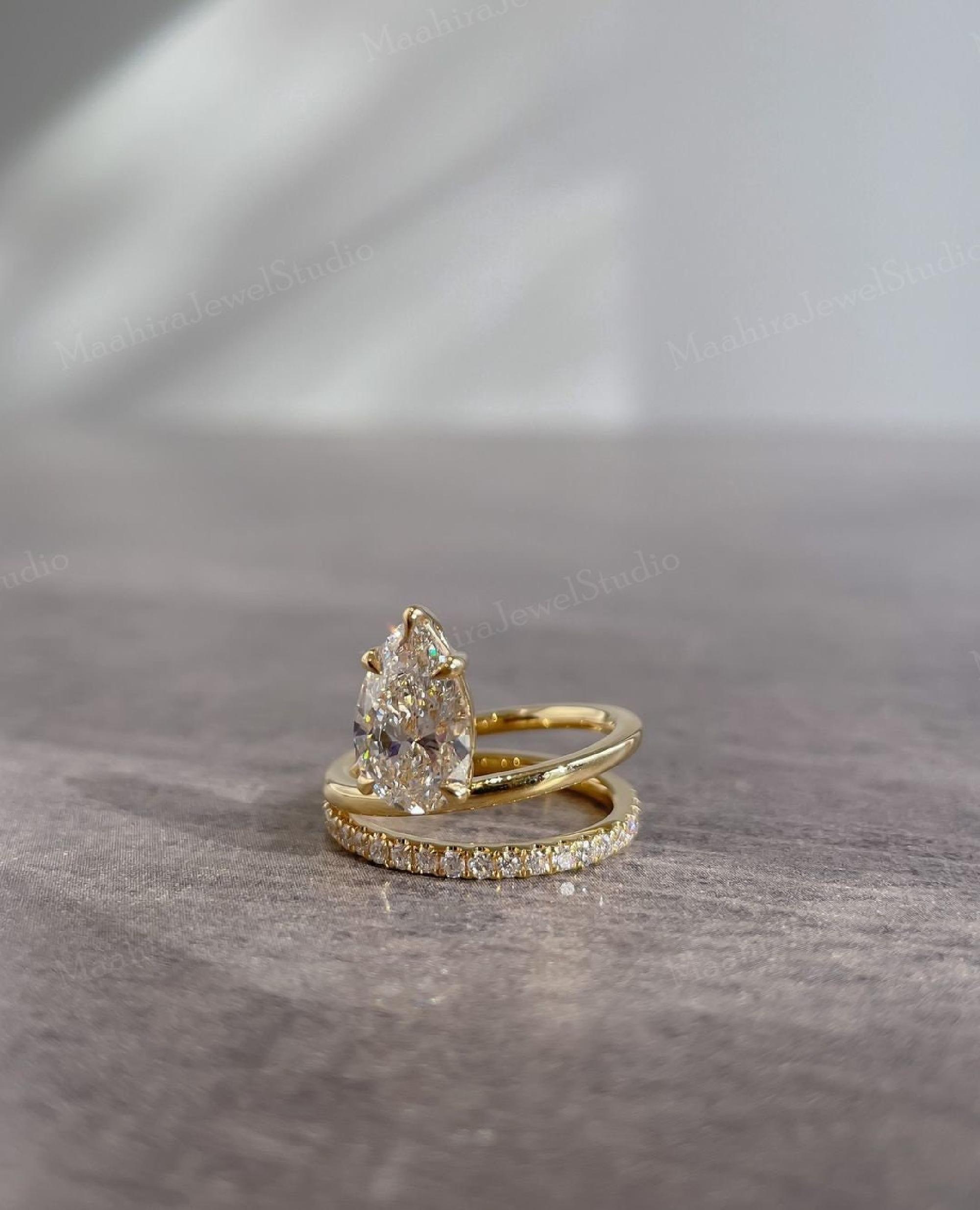 Pear Lab Grown Diamond Engagement Ring Set: 14K Gold Double Band ...