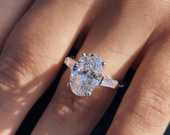 Oval Cut 3.00CT Lab Diamond Engagement Ring: 14K White Gold, Three Stone