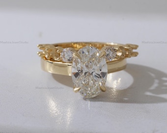 2.50 CT Oval Cut Lab Grown Diamond Hidden Halo Ring in 14K Solid Yellow Gold With Semi Mount Half Eternity Matching Band, Wedding Ring Set