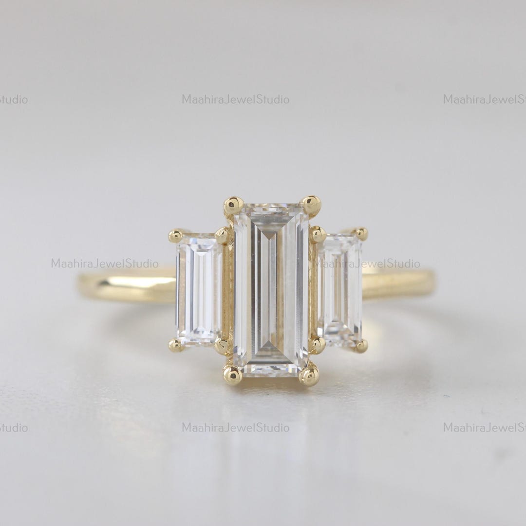 Emerald Cut Lab Diamond Three Stone Ring: 14K Yellow Gold Engagement ...