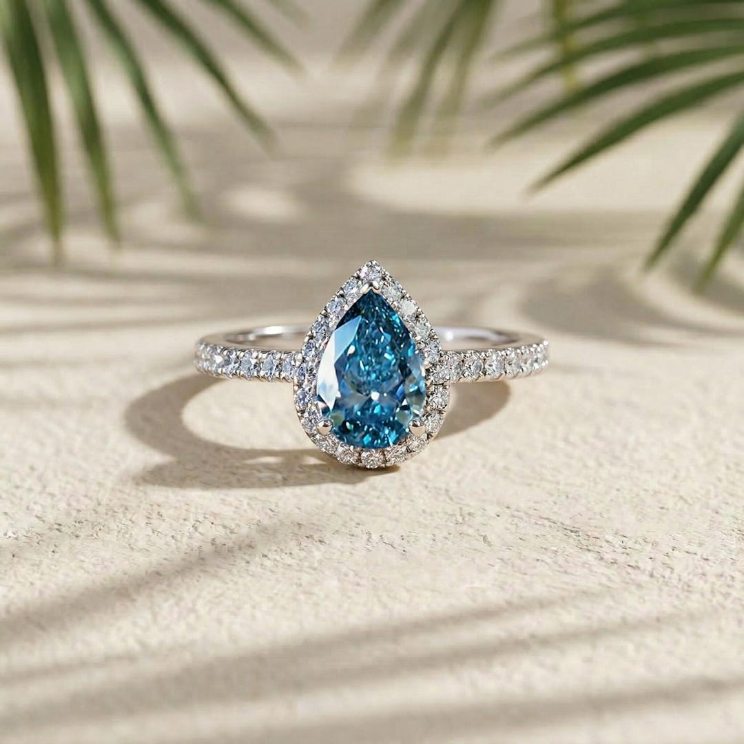 Pear Shaped Blue Lab Diamond Halo Engagement Ring, 14K White Gold ...
