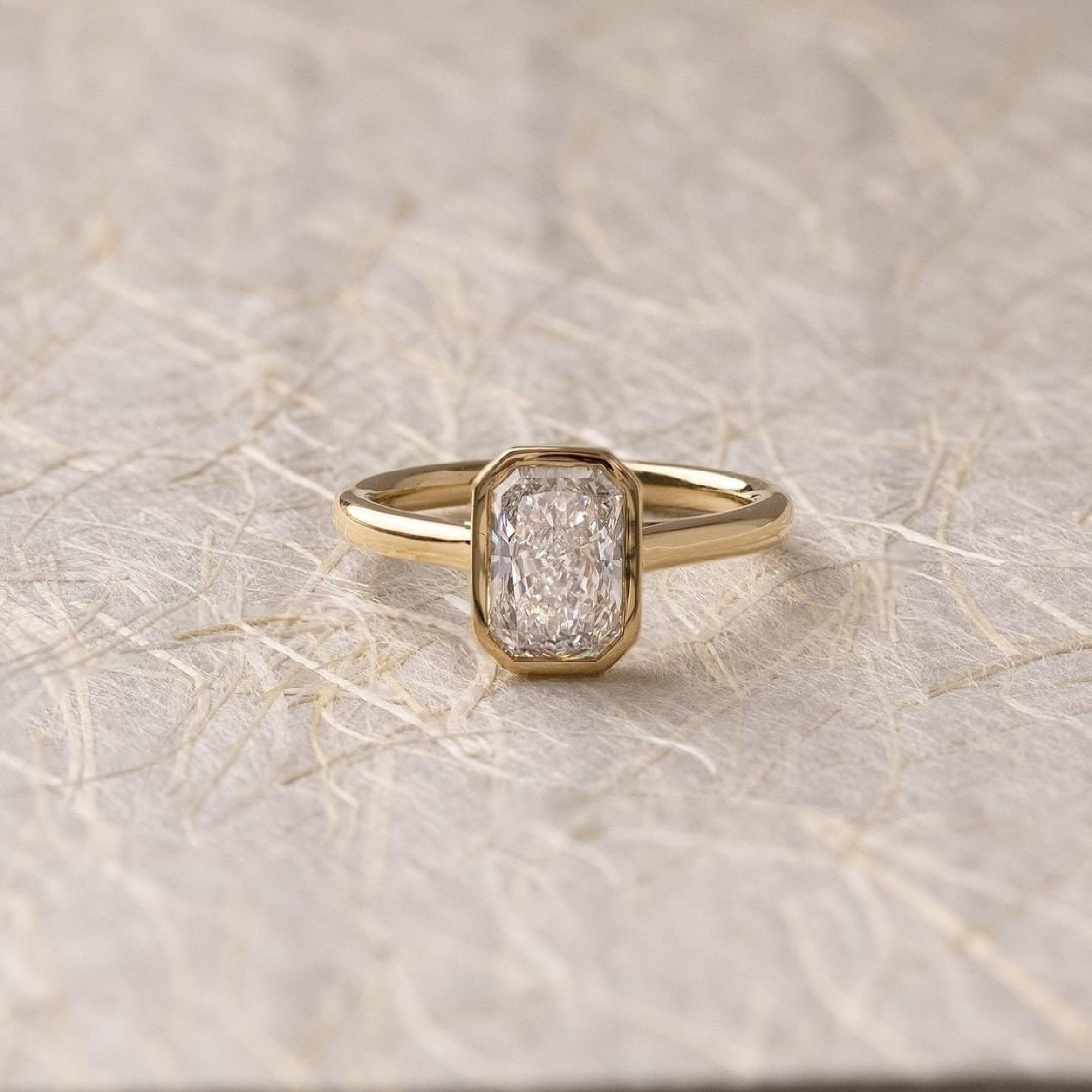 Radiant Cut Lab Diamond Ring: 14K Yellow Gold Bezel Solitaire - Etsy
