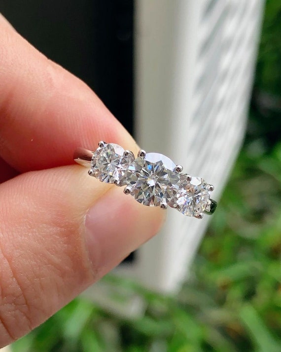 Round Lab Diamond Three Stone Engagement Ring, Certified Lab Grown