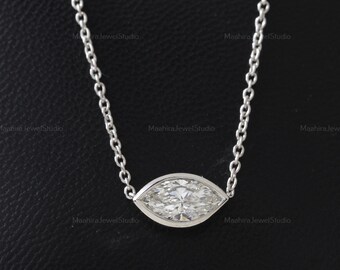 Marquise Cut Lab Diamond Necklace, Solitaire Pendant in 14K White Gold