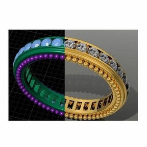 Puede incluir: Un diseño de anillo dividido en dos. Un lado es verde con piedras azules y cuentas moradas. El otro lado es dorado, engastado con diamantes y un borde de cuentas. El diseño ofrece un contraste de color y textura, mostrando dos estilos distintos.