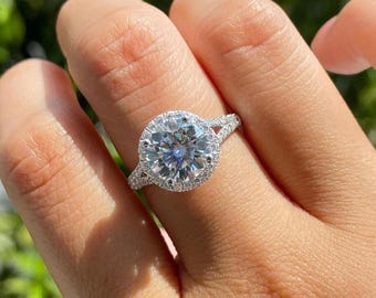 Round Lab-Grown Diamond Halo Ring: 18K White Gold Pave Wedding Ring