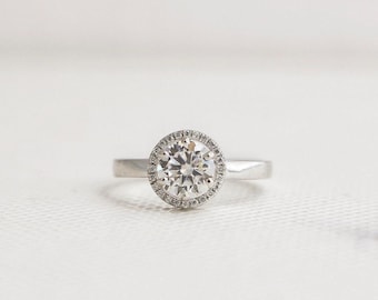 Round Lab Grown Diamond Halo Ring: 14K White Gold Engagement