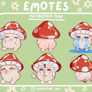 MUSHROOM MAN EMOTES (6) Twitch | Discord | YouTube | Streaming | Funny Kawaii Chibi Mushroom Emoji Emote Pack