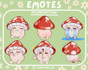 MUSHROOM MAN EMOTES (6) Twitch | Discord | YouTube | Streaming | Funny Kawaii Chibi Mushroom Emoji Emote Pack