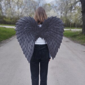 May include: Dark gray, layered feather-like wings. The wings are worn on the back, with a person facing away from the camera. The wings are made of a textured material and are designed to resemble a bird's wings. The person is wearing black jeans and a white shirt.