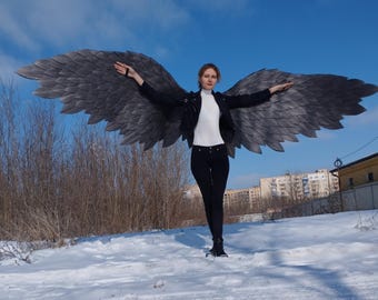 Alas de ángel negras grandes para disfraz, alas góticas hechas a mano, accesorio de cosplay de ángel oscuro, atuendo de Halloween, alas para festivales, accesorio estético para fotos