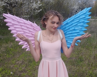 Pastel Angel Wings Costume, Gender Reveal Party Wings, Fairy Wings Aesthetic, Festival Outfit Accessory, Pink Blue Wings, Ethereal Fairycor