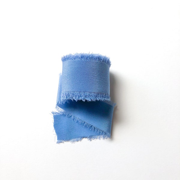 Silk Ribbon - Blue - By the Yard, Hand Torn Silk Ribbon with Frayed Edges for Wedding, Bouquet, Invitations