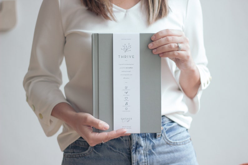 以下が含まれることがあります： 表紙がグレーのハードカバーのジャーナルで、背表紙には「THRIVE」の文字と小さな枝のデザインが施されています。ジャーナルには、アイコンのリストと「Leather Cover」という文字が印刷された白いラベルが付いています。