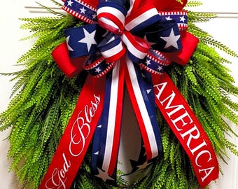 Patriotic God Bless America Wreath, July 4th Summer Door Decor