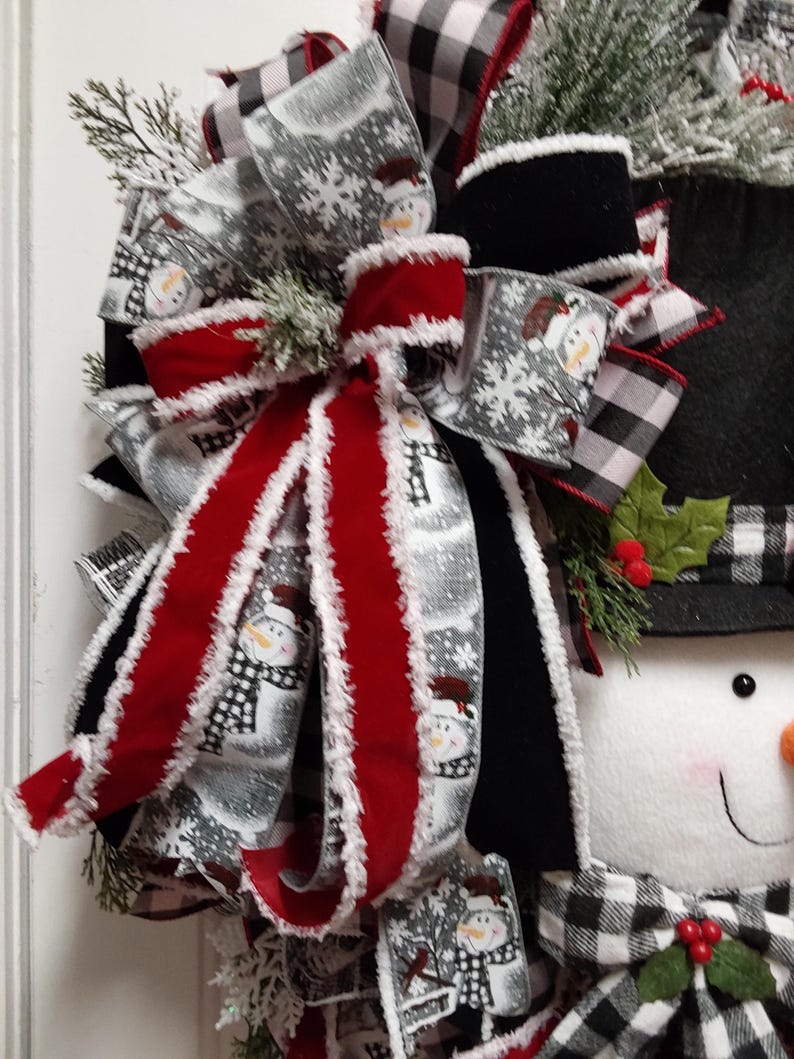 Winter Snowman Wreath for Front Door,buffalo Plaid and Frosted Greenery ...