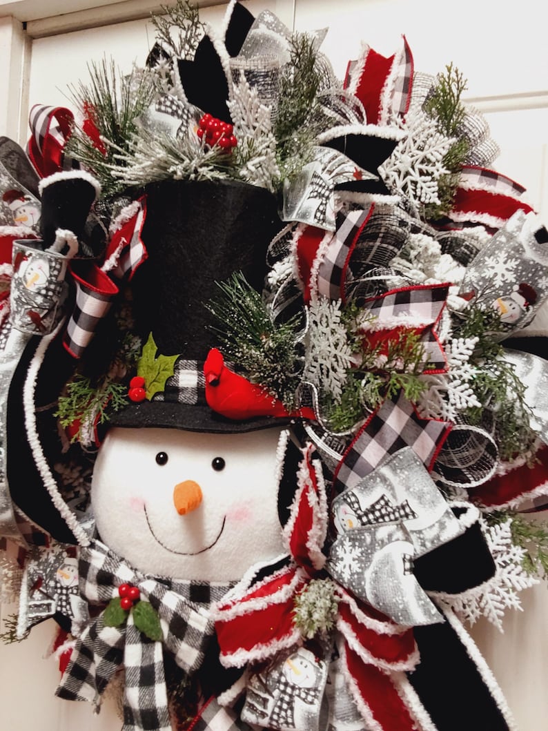 Winter Snowman Wreath for Front Door,buffalo Plaid and Frosted Greenery ...