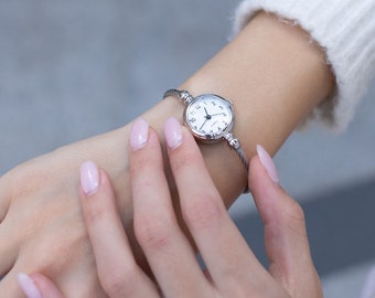 Small Bangle Bracelet. Luxury Watches. Stainless Steel Retro Watch.