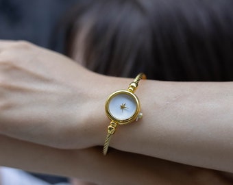Small Bangle Bracelet. Luxury Watches. Stainless Steel Retro Watch.
