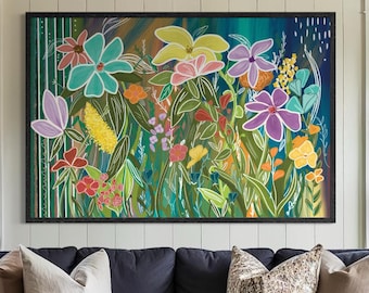 Maximalistische Blumenwandkunst, bunte Wildblumendruck, botanisches Dekor, Dopamin-Dekor, digitaler Download