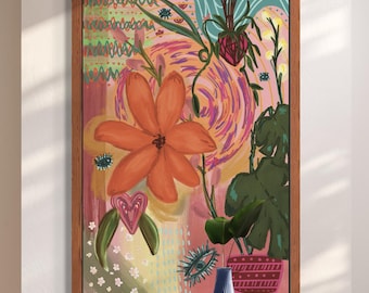 Bunter floraler abstrakter Kunstdruck, Maximalistische Wandkunst, Dopamin-Dekor, Eklektisches Wohndekor, Gewagtes Blumen Kunstwerk, digitaler Download