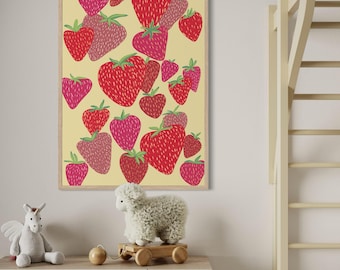 Strawberry Wall Art, Kitchen Printable Art, Cottagecore Fruit Print, Colorful Kitchen Decor, Botanical Strawberry Illustration, Digital Down