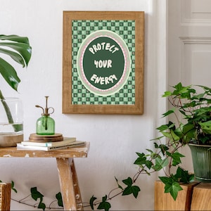 Spiritual ‘Protect Your Energy’ Printable, Green Checkered Wall Print, Celestial Print, Aesthetic Print, Trendy Retro Print, Spiritual Print
