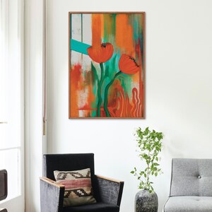 Abstract oranje bloemsierkunst, abstract digitaal schilderen, bloemenmuurdecor, woonkamerkunst, bloemengaleriekunst, abstracte afdrukbare muurkunst