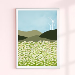 Rolling Hills Wall Print, Daisy field Digital print, DIGITAL DOWNLOAD, Landscape poster