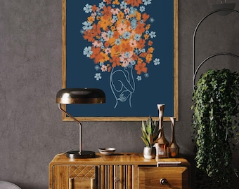 Floral Woman Line Art Print, Feminine Wall Art, Botanical Silhouette Decor, Maximalist Flower Artwork, Digital Download