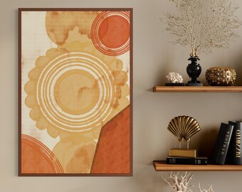 Arte mural abstracto de terracota, arte imprimible bohemio, decoración moderna de mediados de siglo, estampado geométrico neutro, arte mural en tonos tierra cálidos, descarga digital.