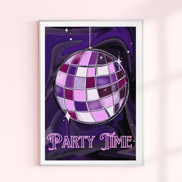 Retro Disco Ball Print, ‘Party Time’ Purple Poster, DIGITAL DOWNLOAD, 70s inspired wall art, funky wall art, dorm decor, hand drawn art